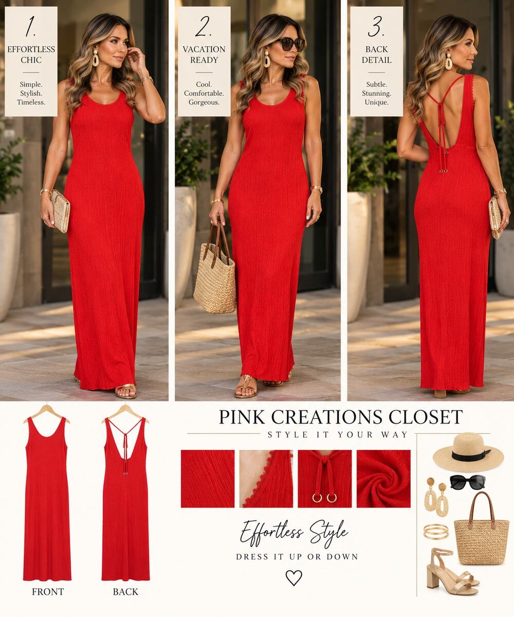 Red Textured Maxi Dress Open Back Tie Detail Sleeveless Size Large NWT